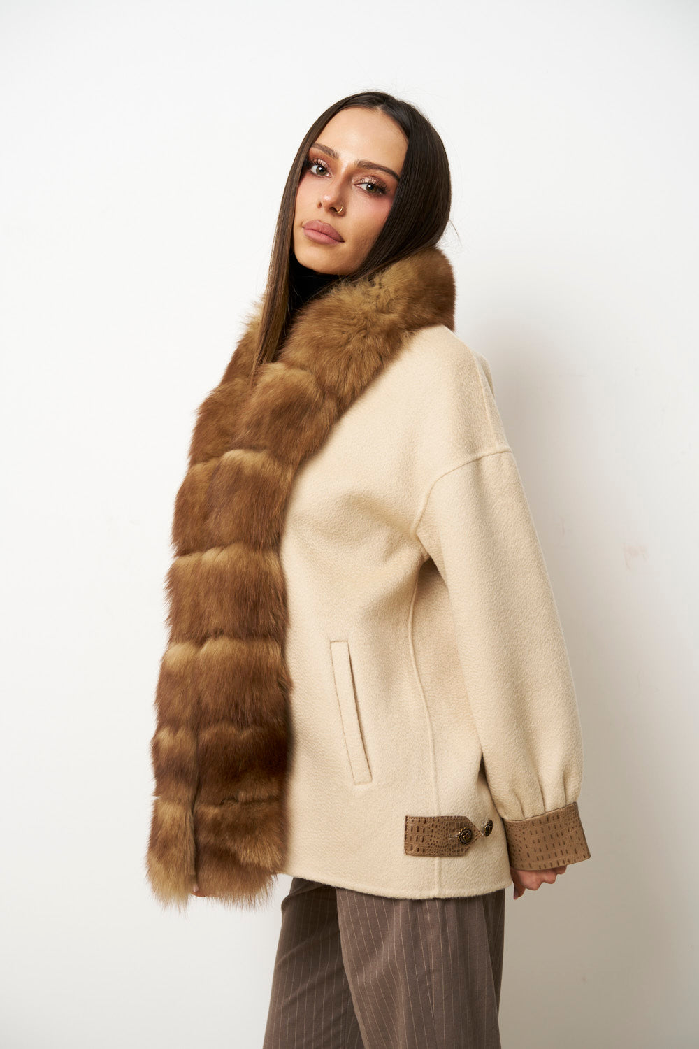 Palton din Lână cu Guler din Blană Vulpe pentru Femei, Bej Perlat, Mareus