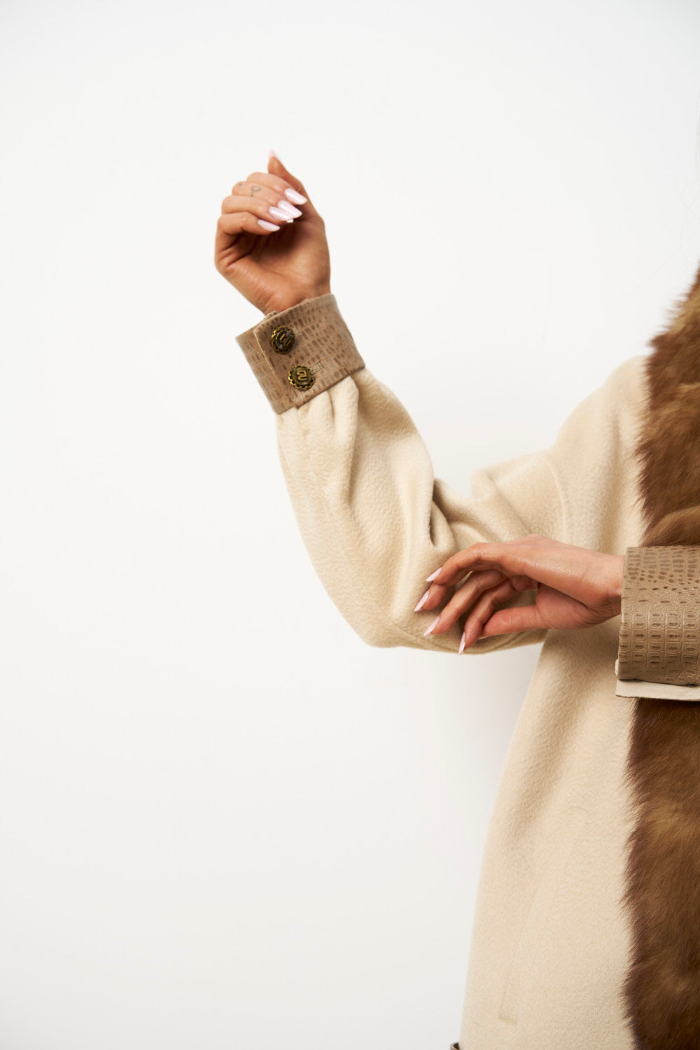 Palton din Lână cu Guler din Blană Vulpe pentru Femei, Bej Perlat, Mareus