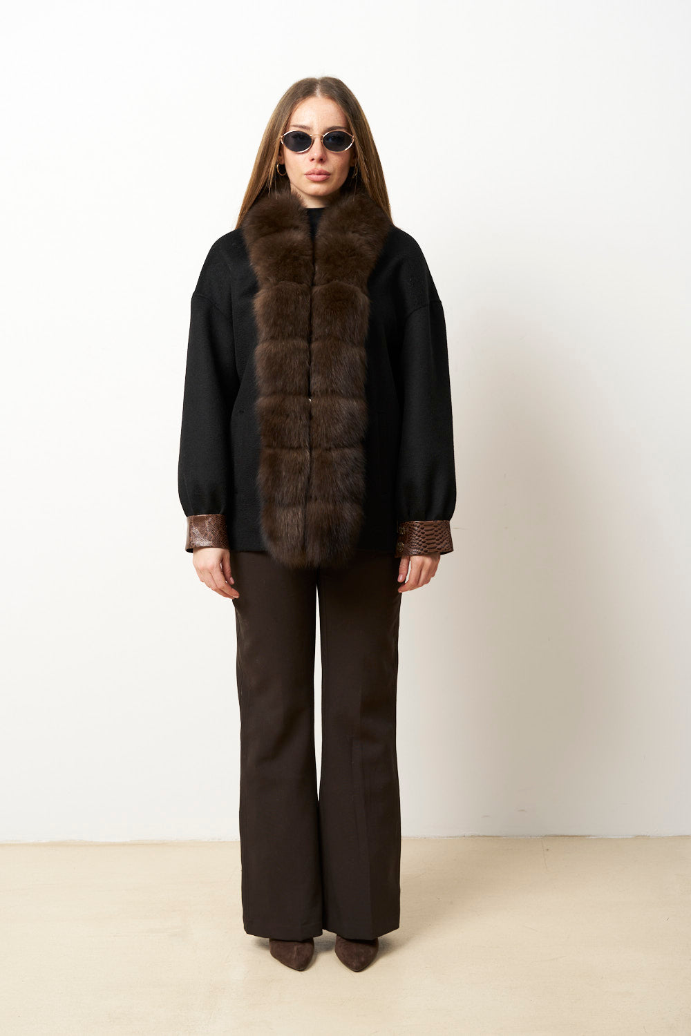 Palton din Lână cu Guler din Blană Vulpe pentru Femei, Jet Black 639