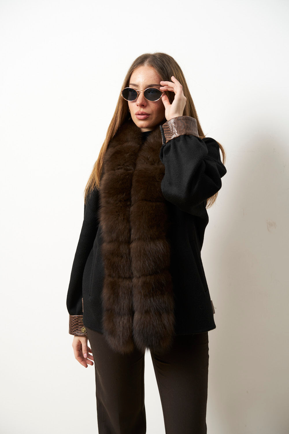 Palton din Lână cu Guler din Blană Vulpe pentru Femei, Jet Black 639