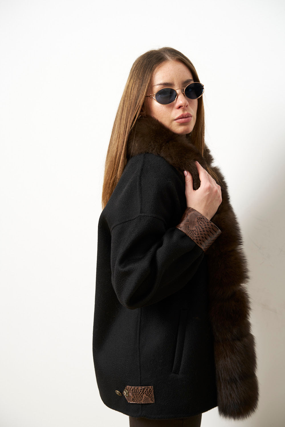 Palton din Lână cu Guler din Blană Vulpe pentru Femei, Jet Black 639