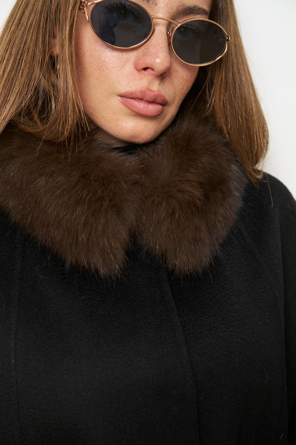 Palton din Lână cu Guler și Manșete din Blană Vulpe, Negru, Mareus