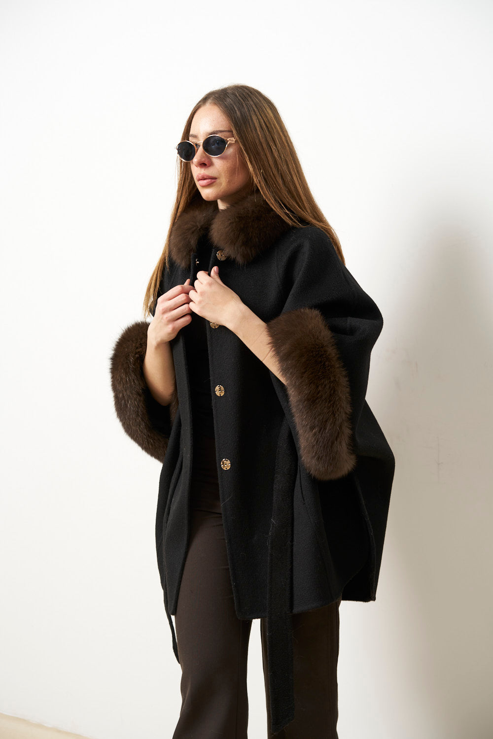 Palton din Lână cu Guler și Manșete din Blană Vulpe, Negru, Mareus