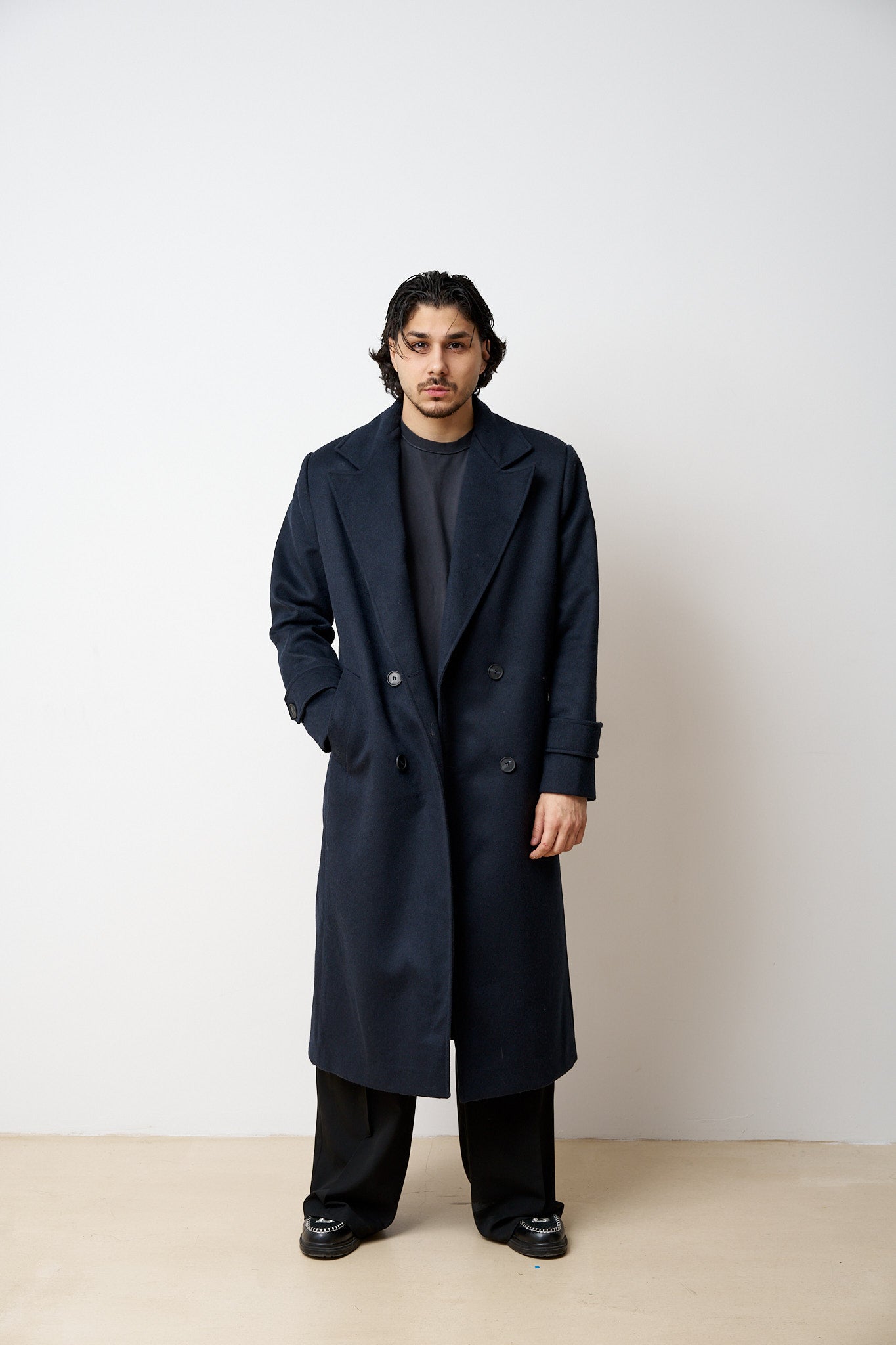 Palton Lung din Lână, Guler Rever, Bărbați, Bleumarin, Mareus