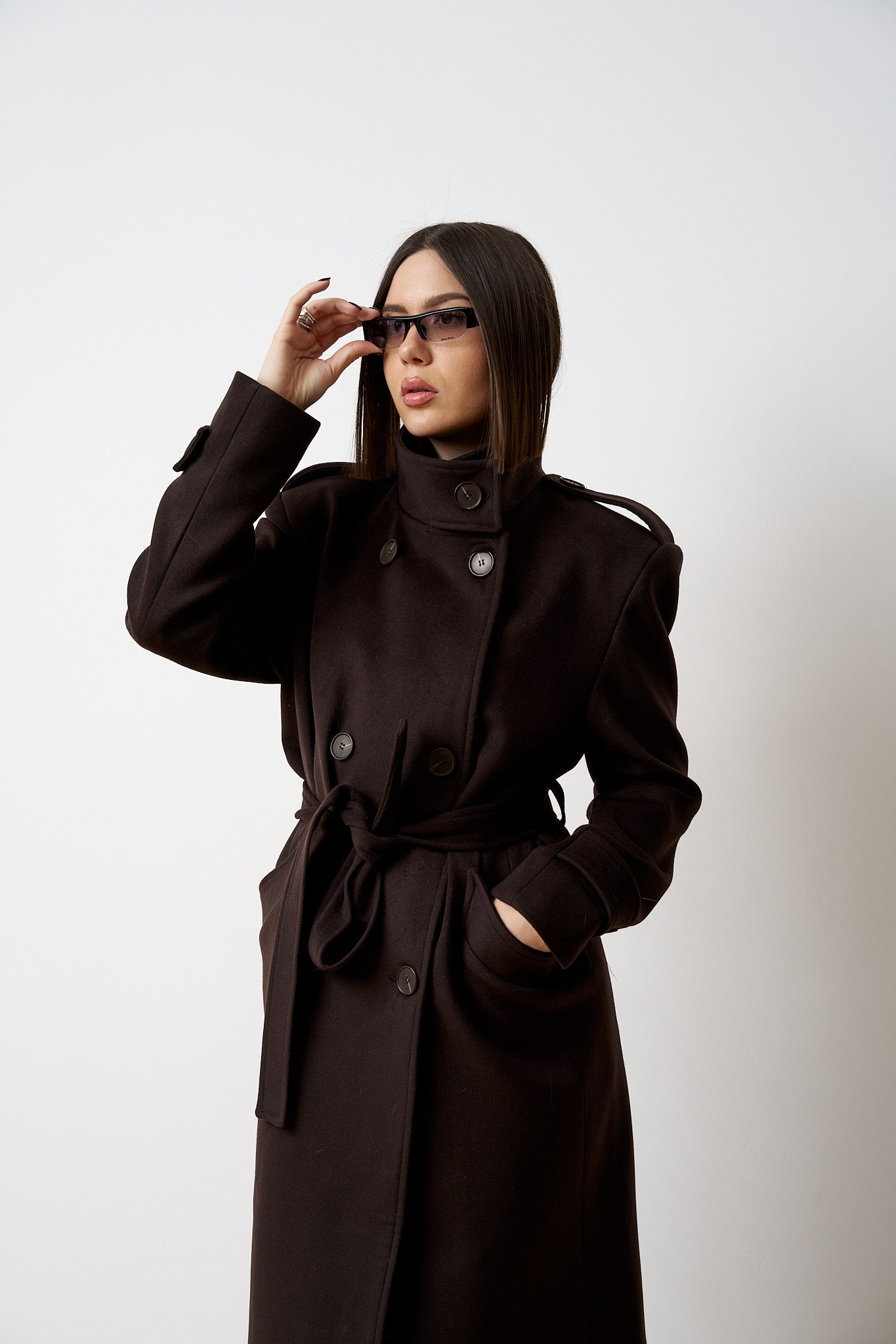 Palton Lung din Lână, cu Cordon, Femei, Maro Chocolate 524