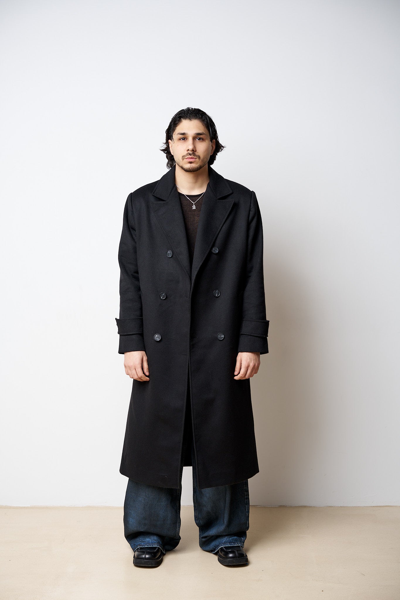 Palton Lung din Lână, Guler Rever, Bărbați, Negru, Mareus