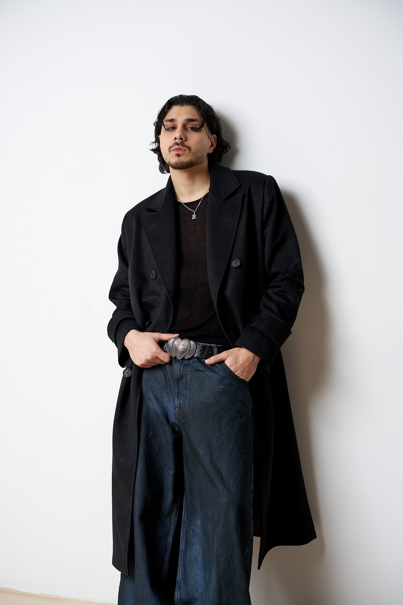 Palton Lung din Lână, Guler Rever, Bărbați, Negru, Mareus