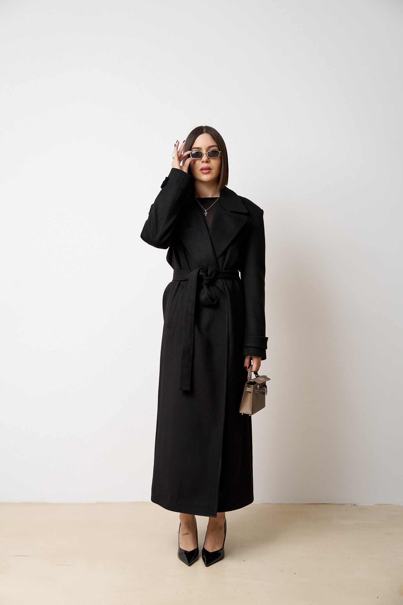 Palton Lung din Lână, cu Cordon, Femei, Mate Black 522