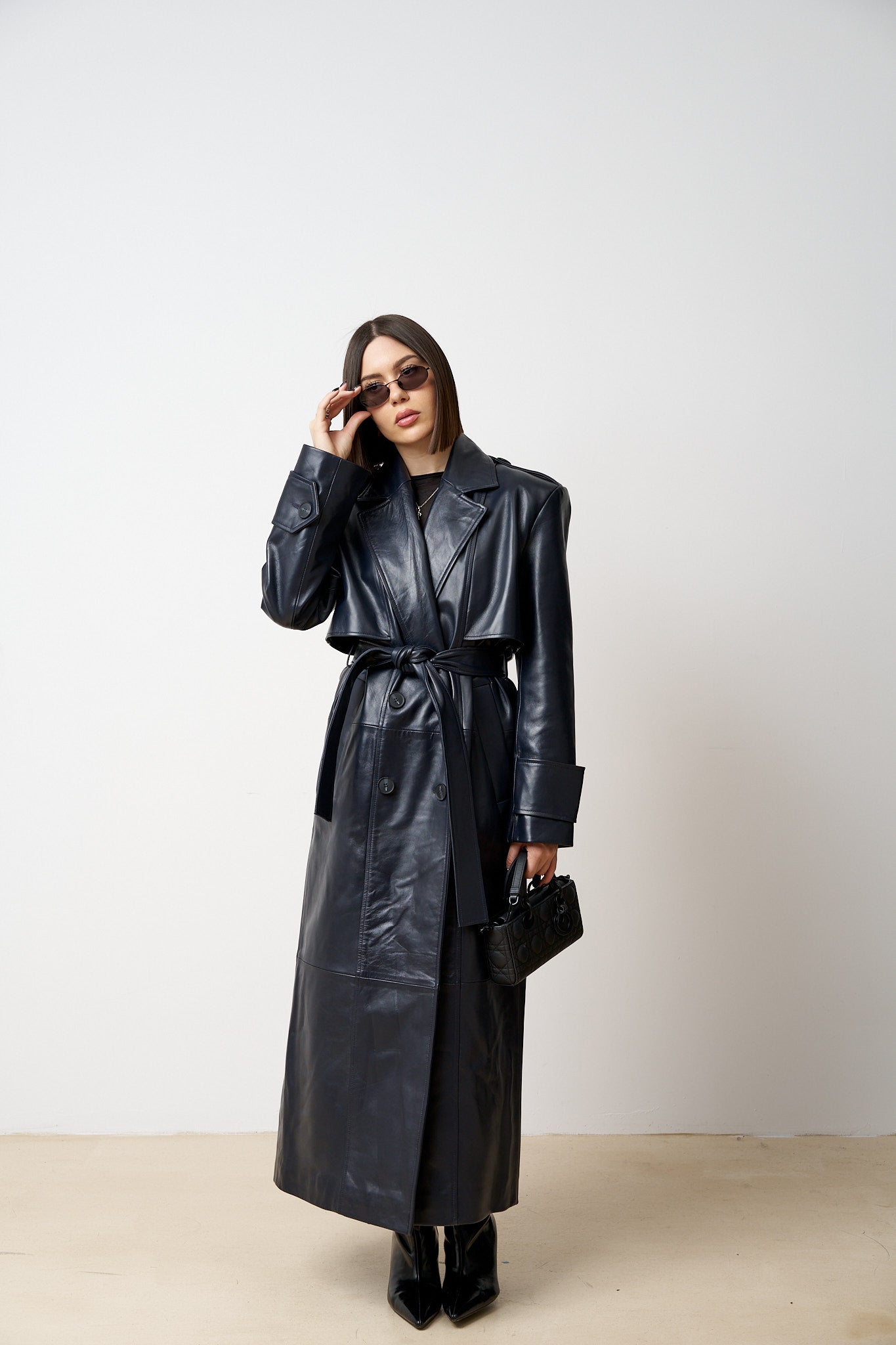 Palton Lung din Piele Naturală, cu Cordon, Femei, Navy Blue Bleumarin, Mareus