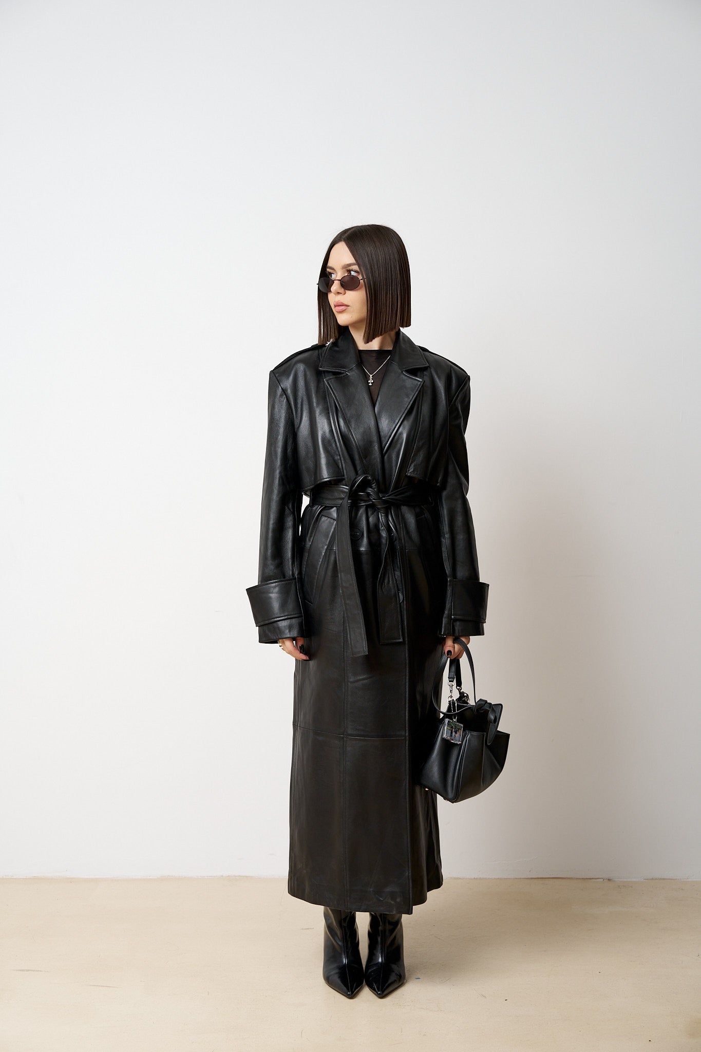 Palton Lung din Piele Naturală, cu Cordon, Femei, Negru Mat, Mareus