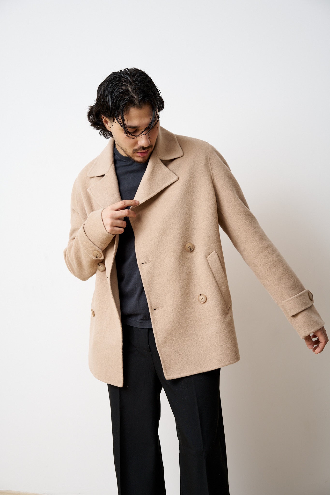 Palton Scurt din Lână, Guler Rever, Bărbați, Bej, Mareus