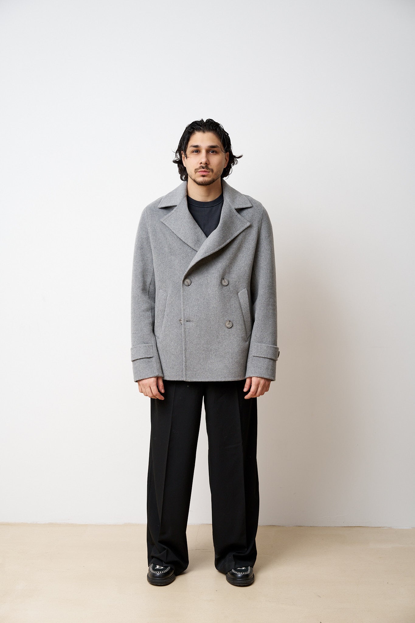 Palton Scurt din Lână, Guler Rever, Bărbați, Gri, Mareus