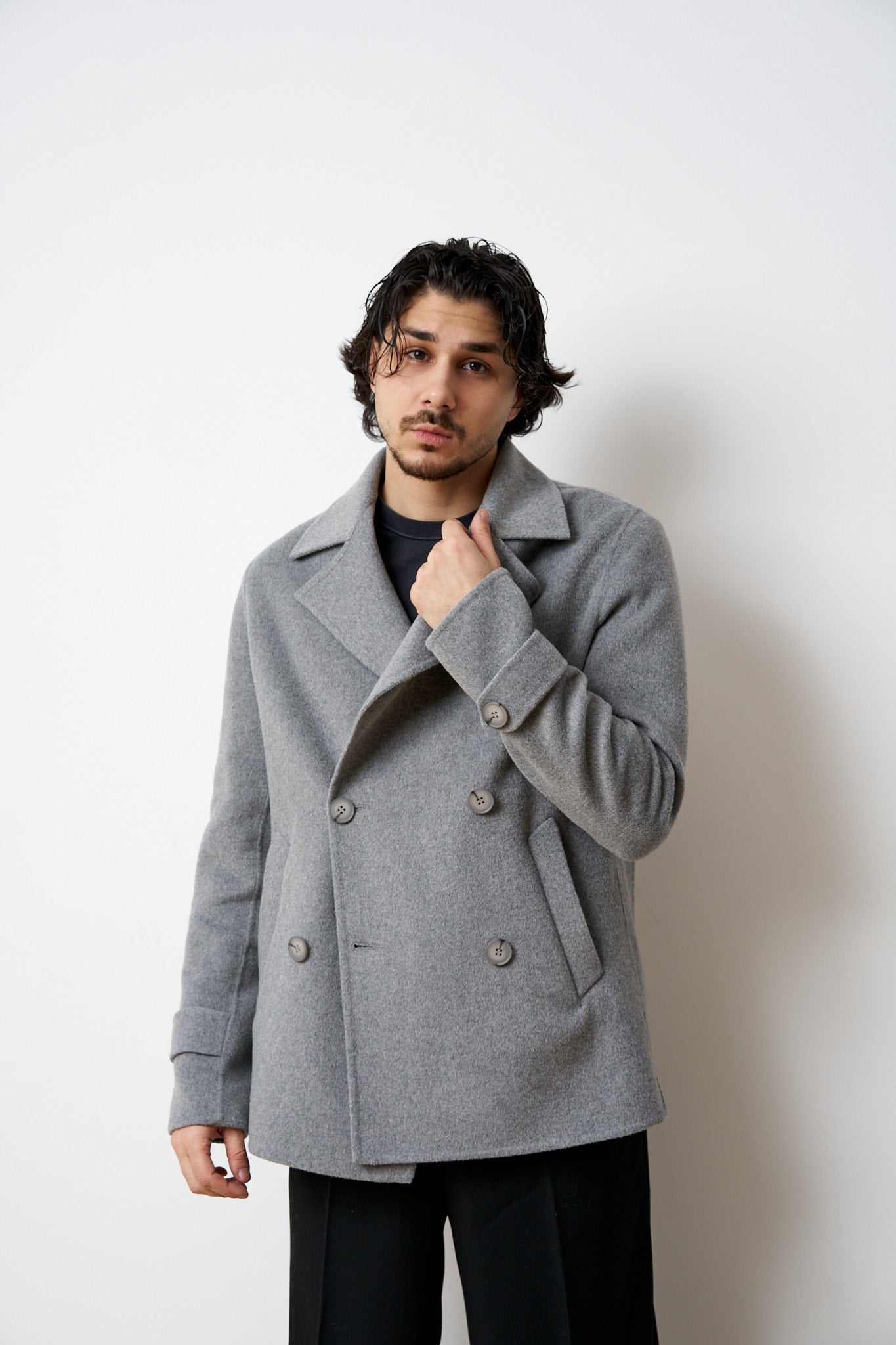 Palton Scurt din Lână, Guler Rever, Bărbați, Gri, Mareus