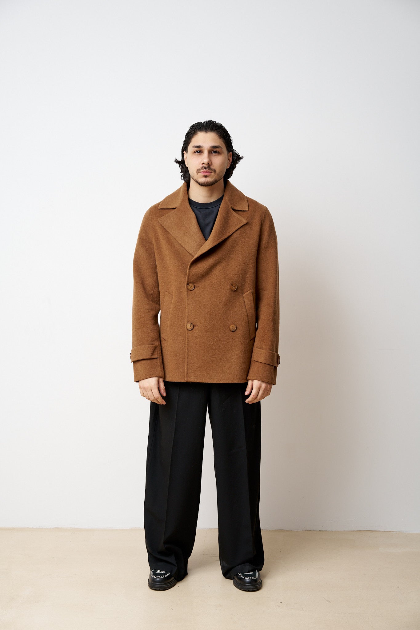 Palton Scurt din Lână, Guler Rever, Bărbați, Maro, Mareus