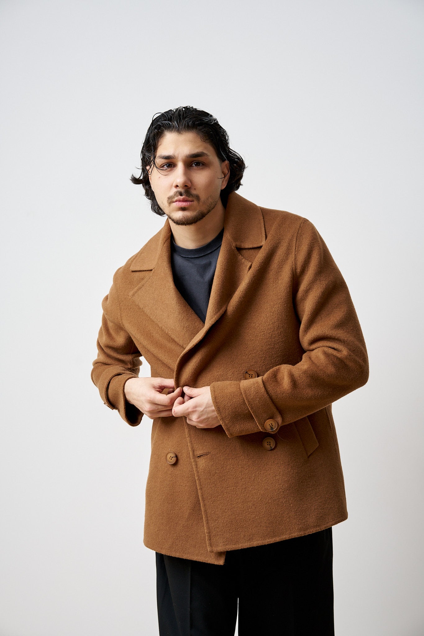 Palton Scurt din Lână, Guler Rever, Bărbați, Maro, Mareus