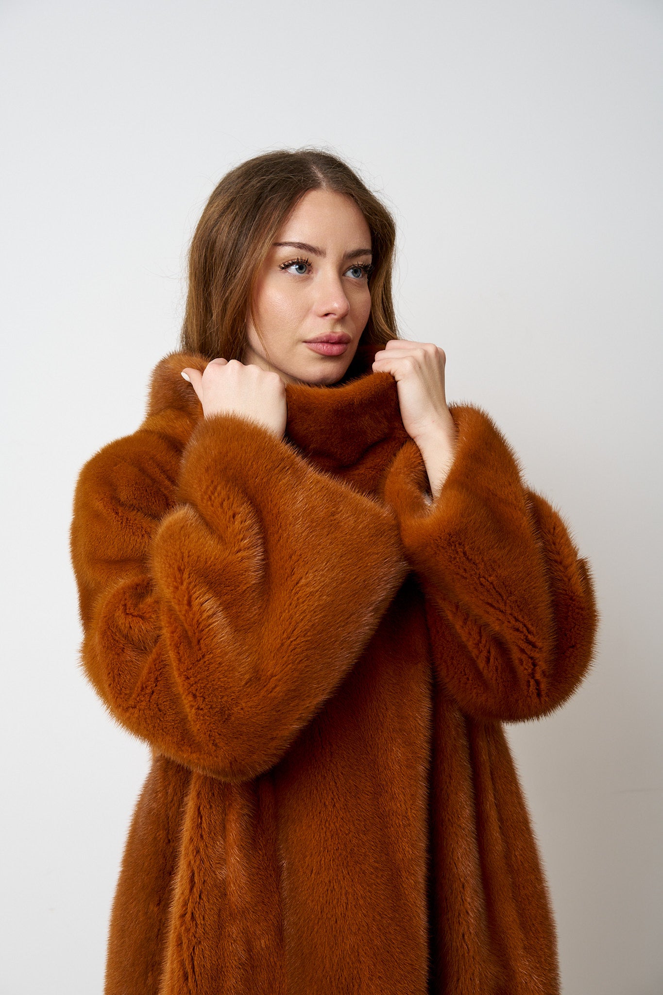 Haină din Blană Naturală de Vizon, Oversized, Amber Cognac 545