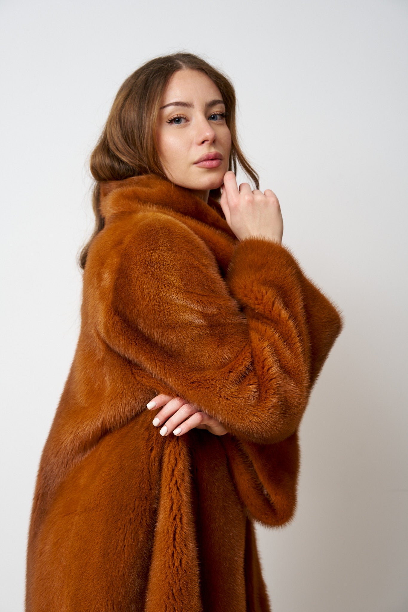 Haină din Blană Naturală de Vizon, Oversized, Amber Cognac 545