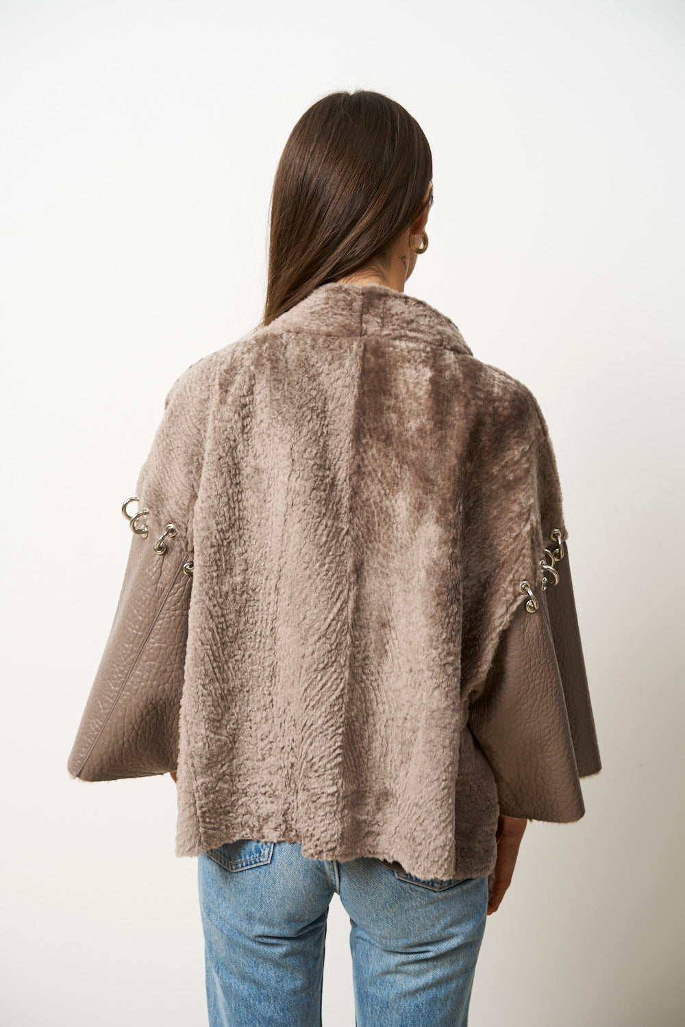 Poncho din Piele și Blană Naturală Shearling pentru Femei, Maro, Mareus