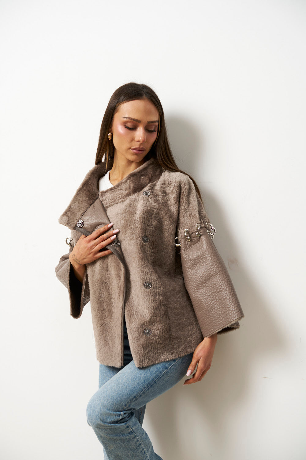 Poncho din Piele și Blană Naturală Shearling pentru Femei, Maro, Mareus