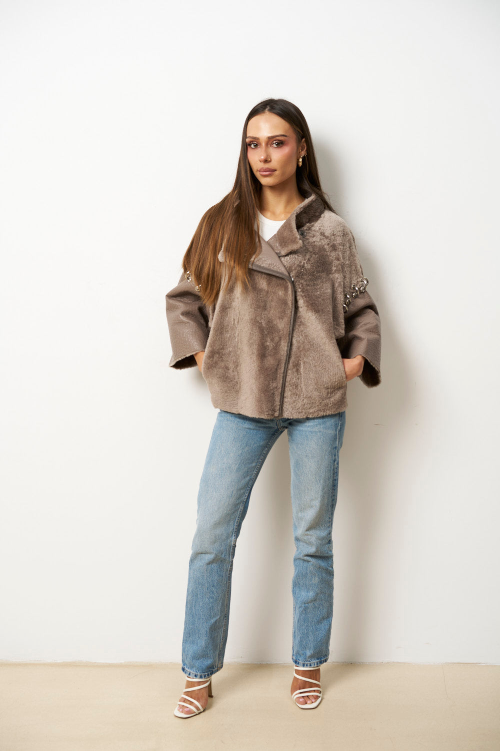 Poncho din Piele și Blană Naturală Shearling pentru Femei, Maro, Mareus