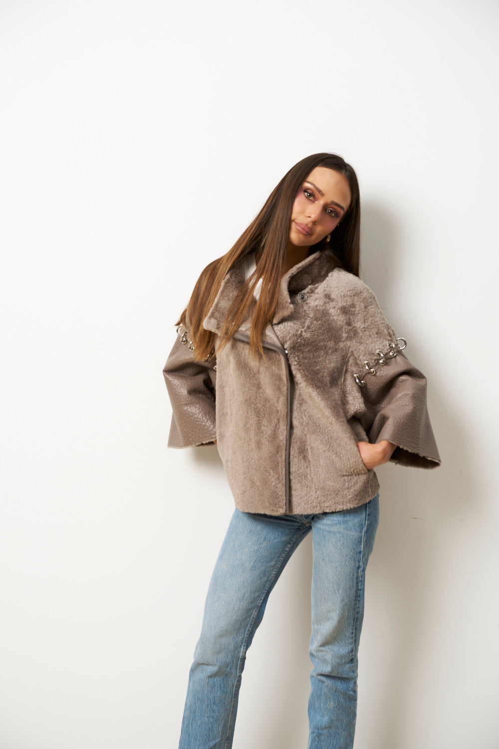 Poncho din Piele și Blană Naturală Shearling pentru Femei, Maro, Mareus