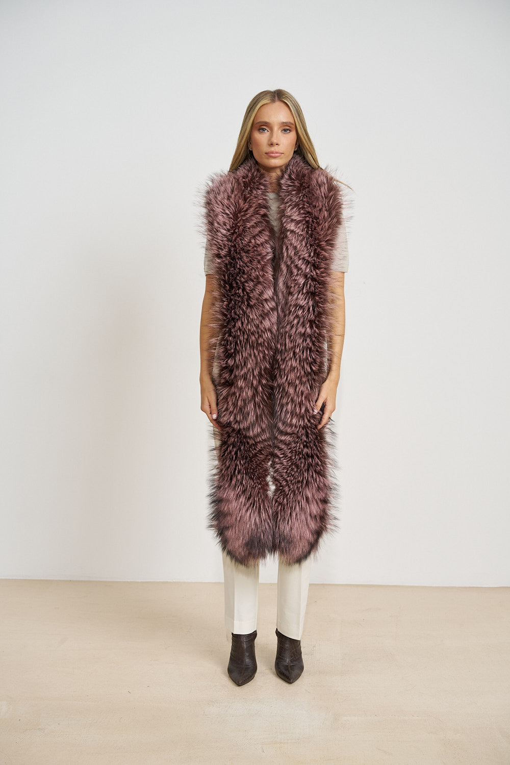 Șal Lung din Blană Naturală de Vulpe, Dusty Rose 687