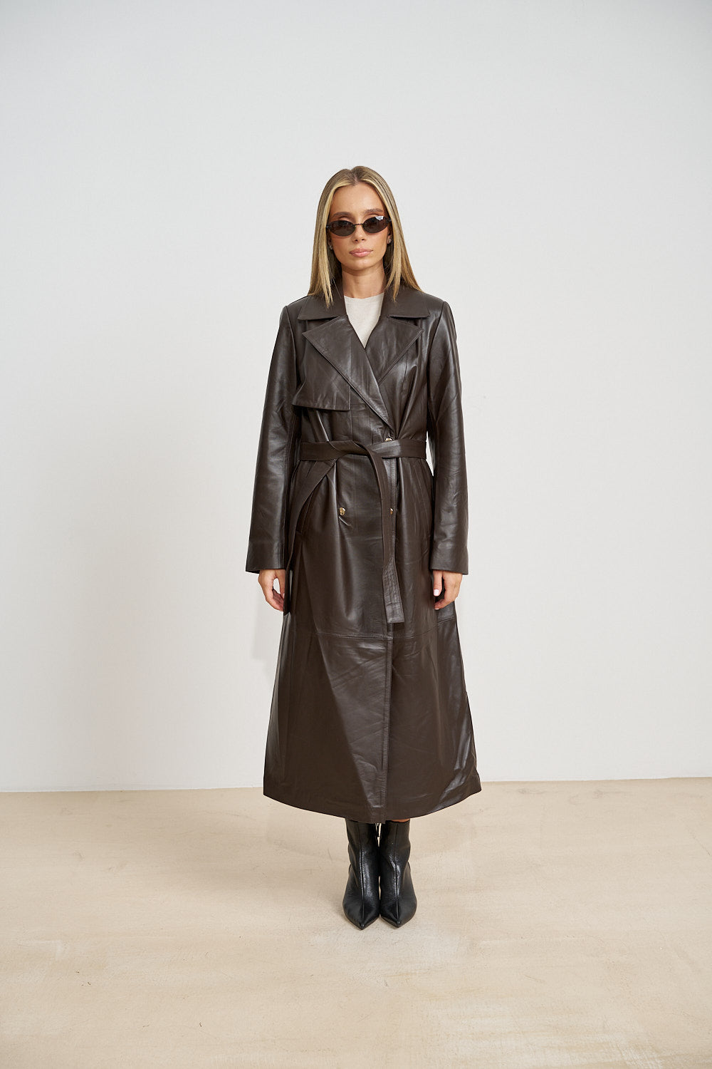 Trench Lung din Piele Naturală, cu Cordon, Chocolate 667