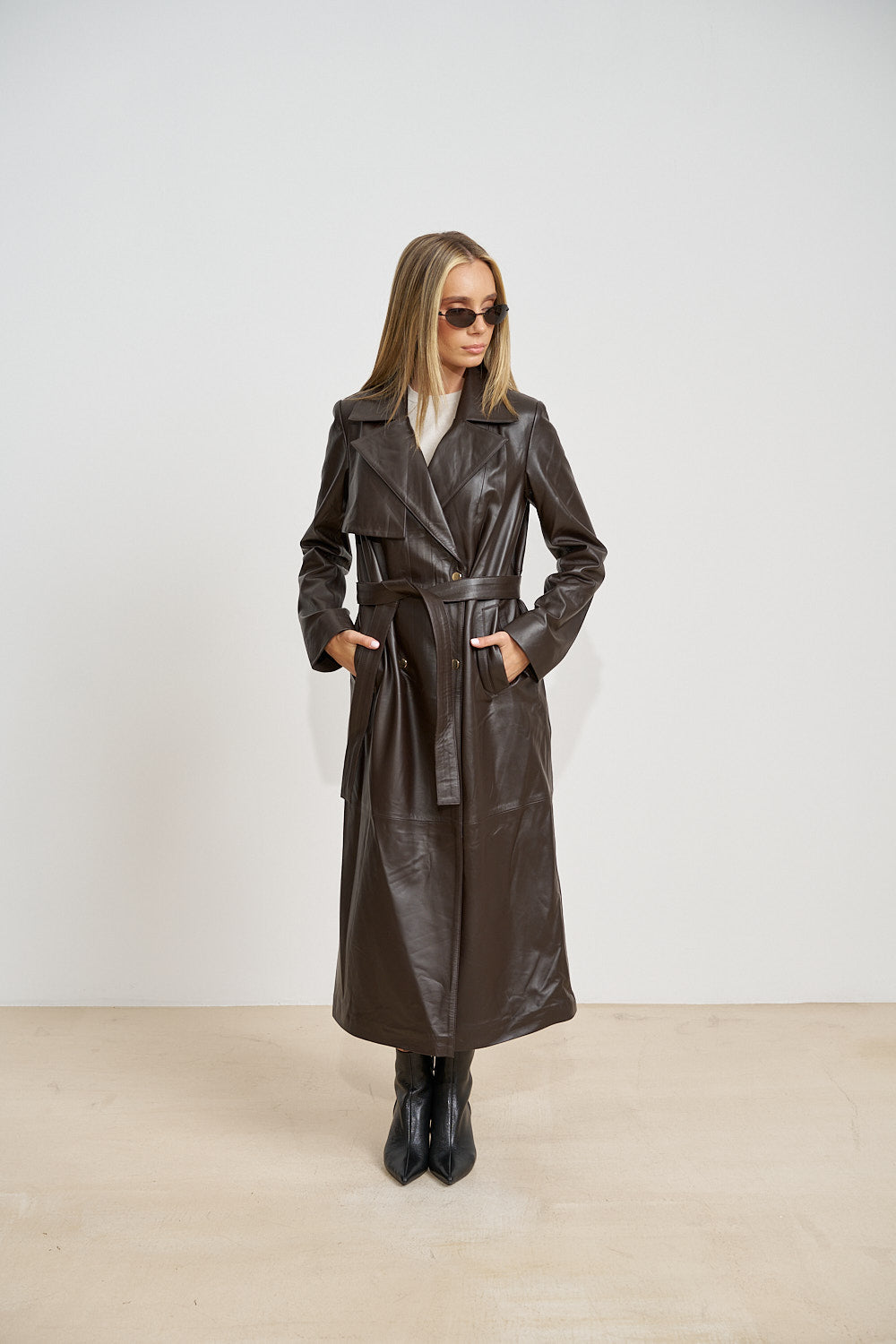 Trench Lung din Piele Naturală, cu Cordon, Chocolate 667