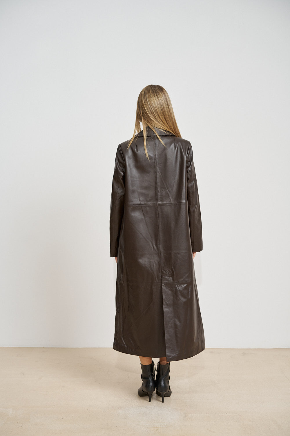 Trench Lung din Piele Naturală, cu Cordon, Chocolate 667