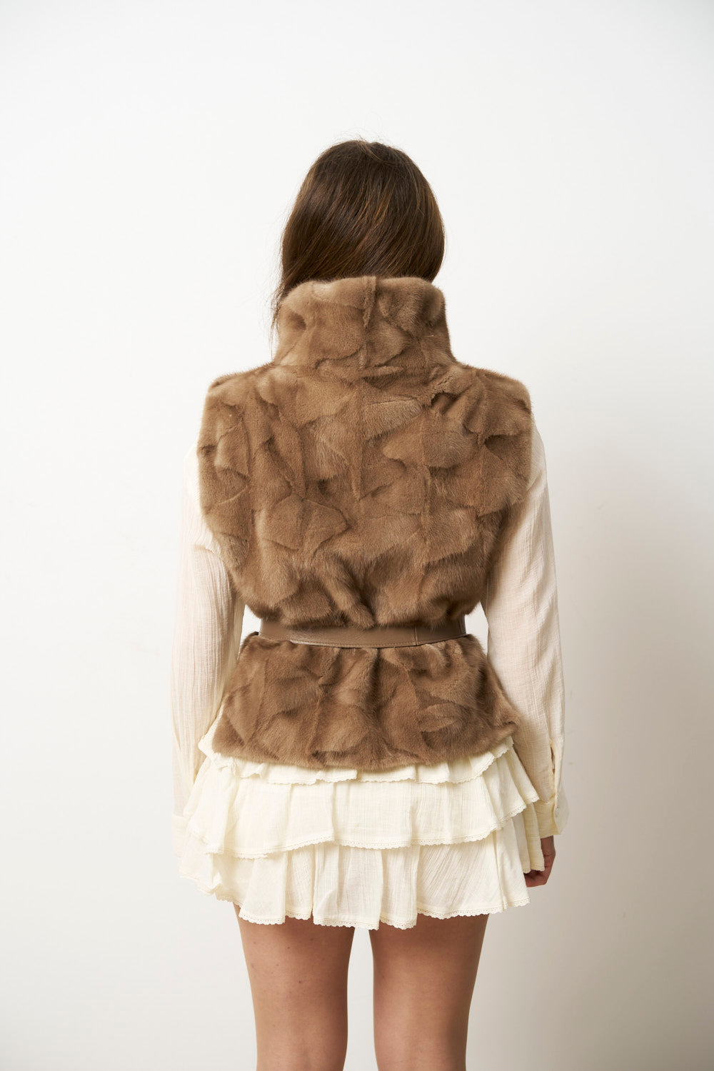 Vestă din Blană Naturală de Vizon pentru Femei, Decupata, cu Cordon, Maro Pastel, Mareus