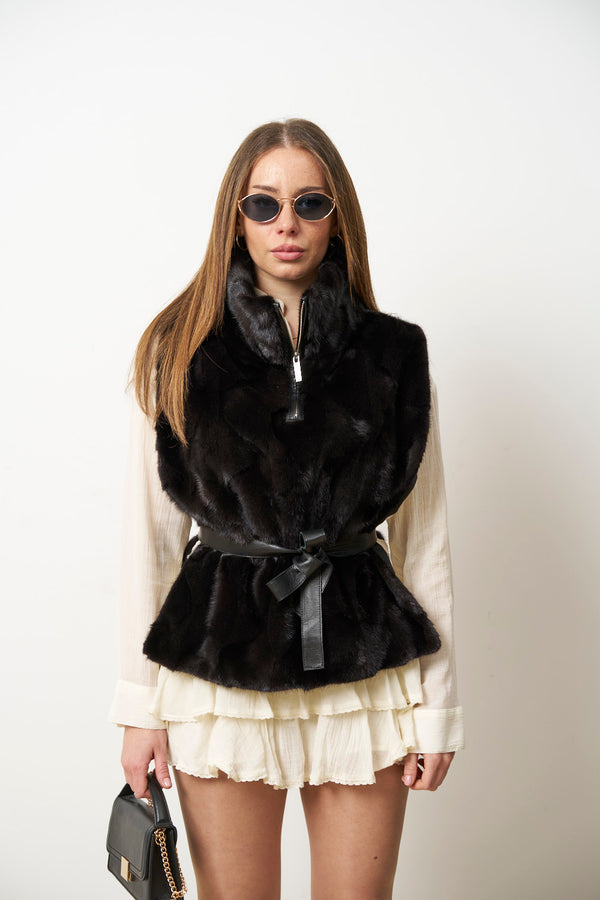 Natural Mink Fur Vest for Women, Cropped, Black, Mareus
