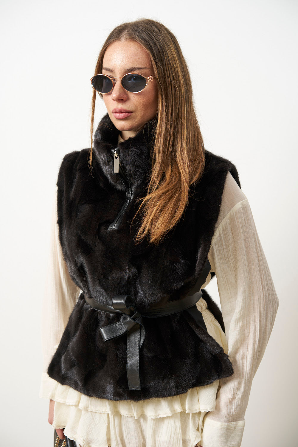 Vestă din Blană Naturală de Vizon pentru Femei, Decupata, Neagra, Mareus